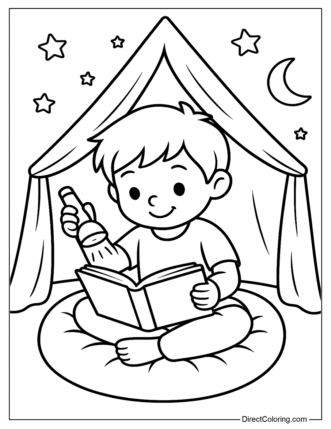 Coloring page of a child reading a book at night with a flashlight, tent, and stars